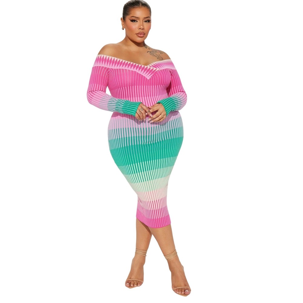 Fashion Nova Pink Teal Ombre Striped Off Shoulder Midi Sweater Dress XL NWT